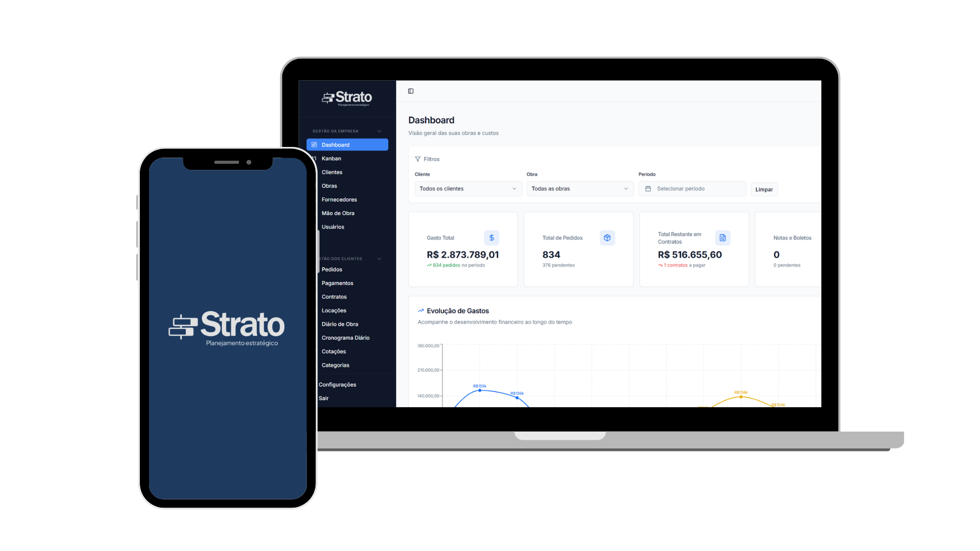 Painel da Strato mostrando dashboard de gestão de obras em notebook e celular